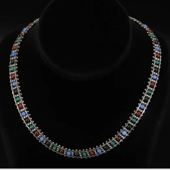 Sterling silver Milor,multicolor‎ glass bead 17" Riccio Chain Necklace 27g.